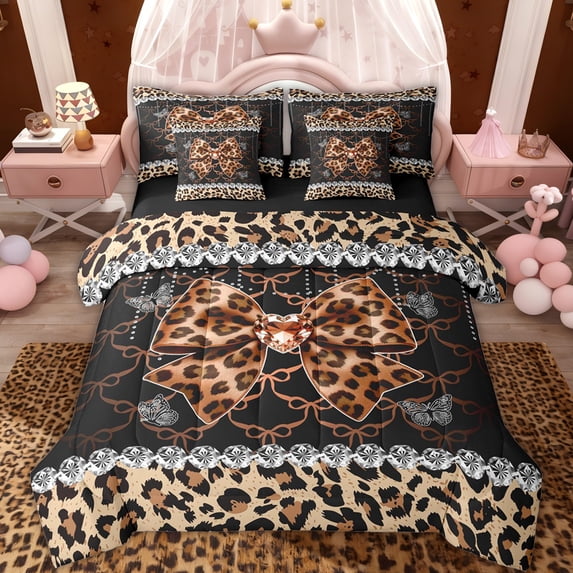 Erosebridal Leopard Print Bow Heart Bedding Comforter Set for Girls, Gold Ribbon Queen Bedding Sets, Black Reversible, 7pcs