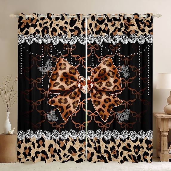 Erosebridal Leopard Print Bow Heart Black Out Curtains for Girls, Gold Ribbon Curtains Pack of 2 (42x63 Each)