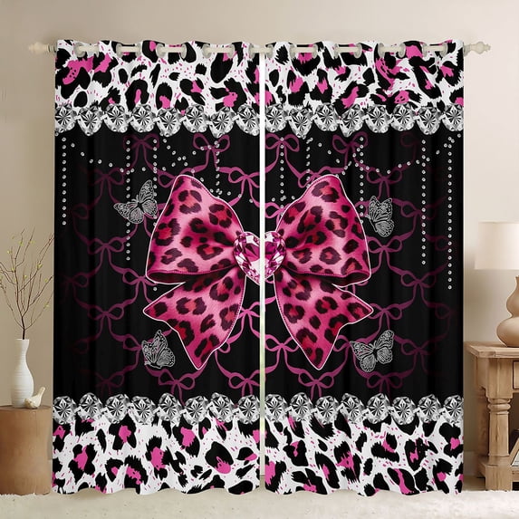 Erosebridal Leopard Print Bow Heart Black Out Curtains for Girls, Pink Ribbon Curtains Pack of 2 (42x63 Each)