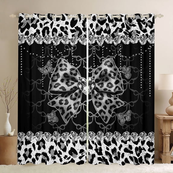 Erosebridal Leopard Print Bow Heart Curtains Pack of 2 (42x84 Each) for Girls, Black White Ribbon Curtains Blackout