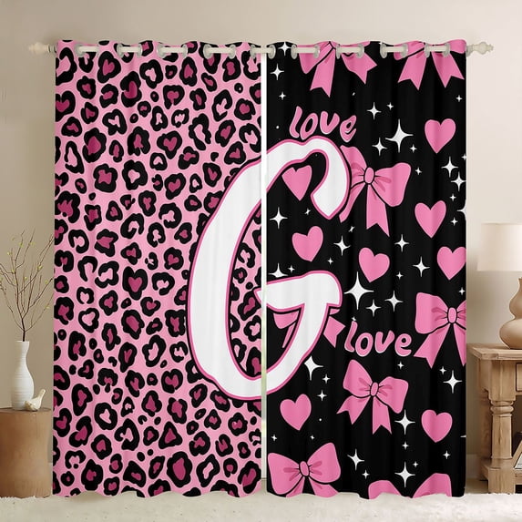 Erosebridal Leopard Print Bow Letter G Black Out Curtains for Girls, Pink Initial Ribbon Curtains Pack of 2 (42x63 Each)