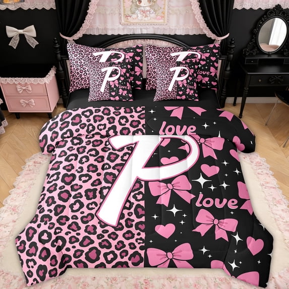 Erosebridal Leopard Print Bow Letter P Bedding Comforter Set for Girls, Pink Initial Ribbon Full Bedding Set, Black Reversible, 7pcs