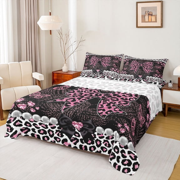 Erosebridal Leopard Print Bow Pearl Bed Sheets for Girls, Pink Glitter Print Ribbon King Sheets, 4pcs