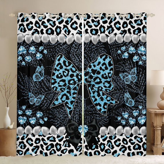Erosebridal Leopard Print Bow Pearl Blackout Curtains Set of 2 (52x84 Each) for Girls, Blue Glitter Print Ribbon Window Curtains