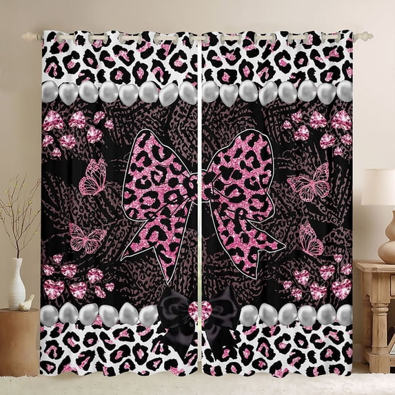 Erosebridal Leopard Print Bow Pearl Curtains Pack of 2 (42x84 Each) for Girls, Pink Glitter Print Ribbon Curtains Blackout