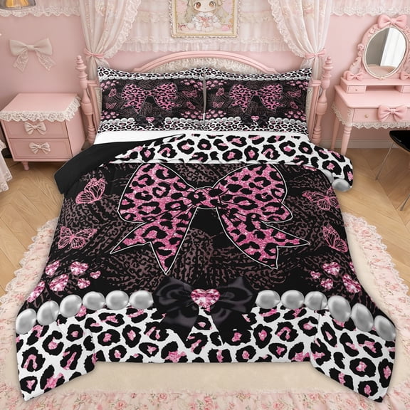 Erosebridal Leopard Print Bow Pearl Queen Comforter Set for Girls, Pink Glitter Print Ribbon Bedding Comforter Set, Black Reversible, 3pcs