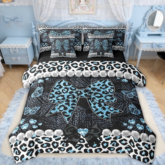 Erosebridal Leopard Print Bow Pearl Twin Bedding Sets for Girls, Blue Glitter Print Ribbon Bedding Comforter Set, Black Reversible, 7 Pieces