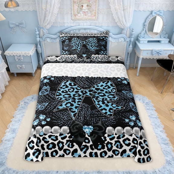 Erosebridal Leopard Print Bow Pearl Twin Sheet Sets for Girls, Blue Glitter Print Ribbon Bedding, 3 Pieces