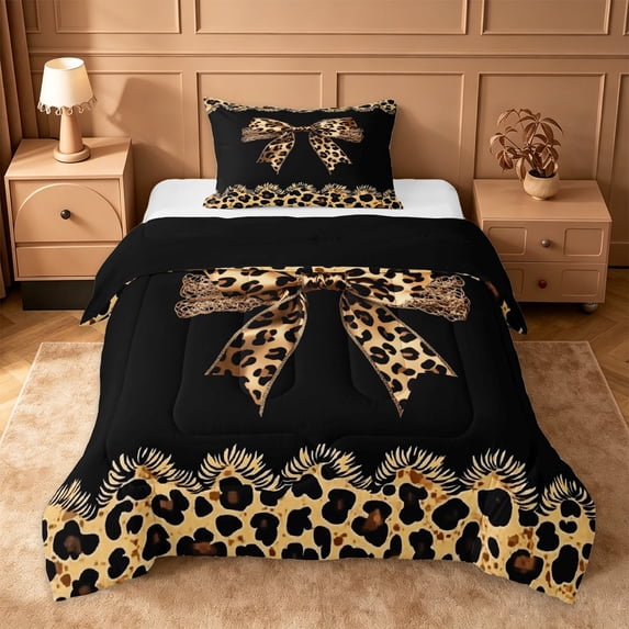 Erosebridal Leopard Print Bow Twin Comforter Sets For Girls Kids,Brown Cheetah Pattern Bedding Set For Women,Black Reversible,2-Piece
