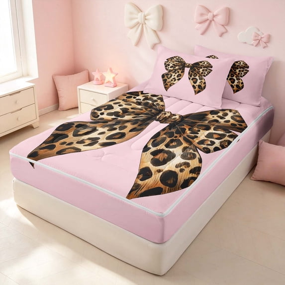 Erosebridal Leopard Print Bow Zipper Twin Comforter Sets with Fitted Sheet and 2 Pillowcases for Girls, Pink Brown Zipper Bedding Set, Pink Reversible