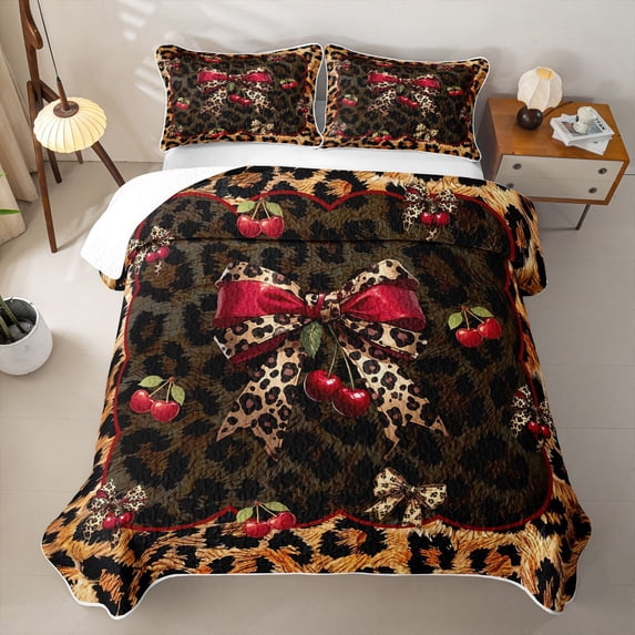 Erosebridal Leopard Print Bowknot Twin Quilt Set For Kids,Cute Cherries Cute Bows Girls Twin Coverlet Set,2pcs