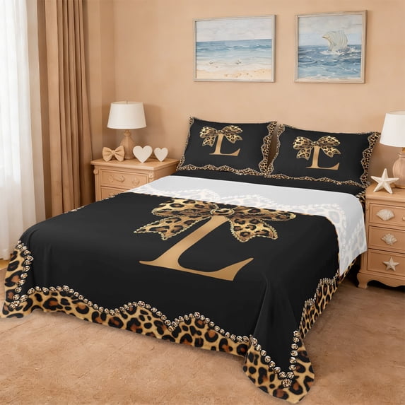 Erosebridal Leopard Print Bows Kids Full Size Sheets,Cheetah Pattern L Alphabet Bed Sheets For Girls Women 4 Pieces