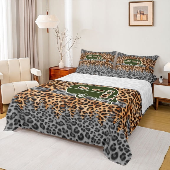 Erosebridal Leopard Print Camo RV Car Bed Sheets, Rustic Tree King Sheets for Men and Women, 4 Pieces