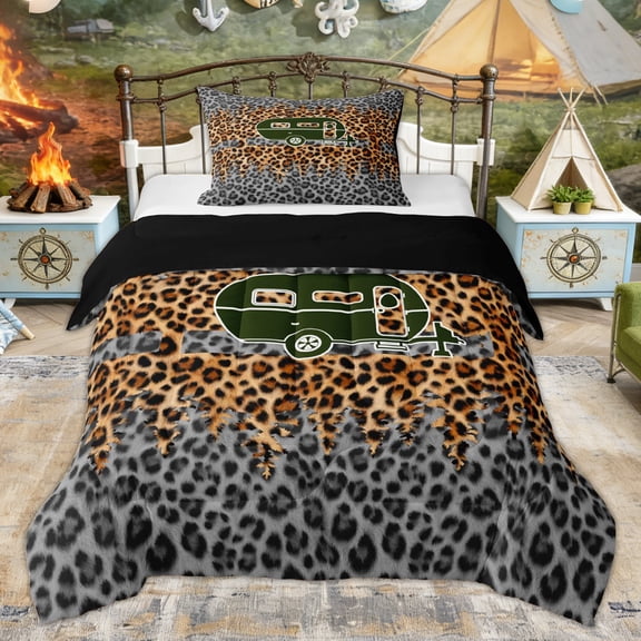 Erosebridal Leopard Print Camo RV Car Twin Comforter Sets, Rustic Tree Bedding Set for Men and Women, 2 Pieces