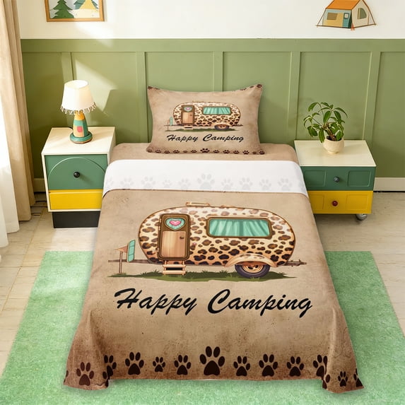 Erosebridal Leopard Print Camper Twin Sheet Sets,Kids Happy Camping Bedding For Girl Boys 3 Pieces