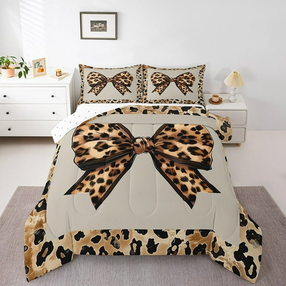 Erosebridal Leopard Print Comforter Sets Queen Size,Wildlife Bowknot Bedding Queen Comforter Set,Golden Black,Reversible,Breathable,3-Piece