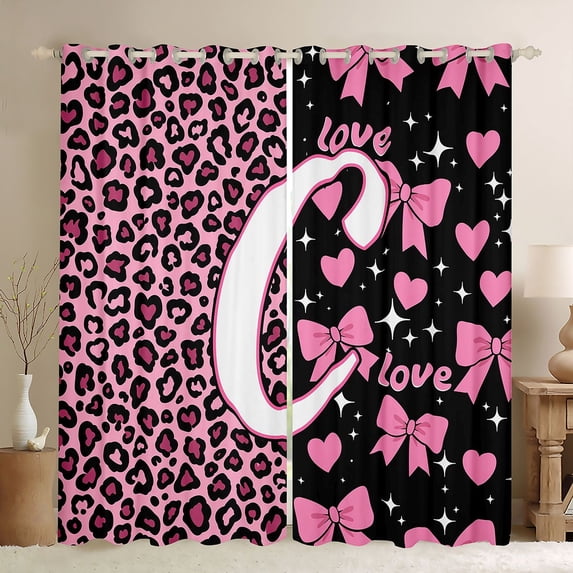 Erosebridal Leopard Print Letter C Curtains Pack of 2 (42x84 Each) for Girls, Pink Initial Ribbon Curtains Blackout