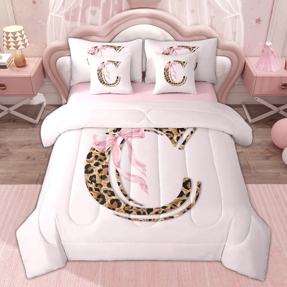 Erosebridal Leopard Print Letter C Twin Bedding Sets for Kids, Princess Cartoon Bedding Comforter Set, 7 Pieces
