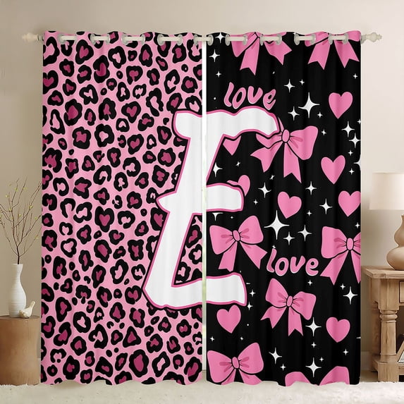 Erosebridal Leopard Print Letter E Black Out Curtains for Girls, Pink Initial Ribbon Curtains Pack of 2 (42x63 Each)