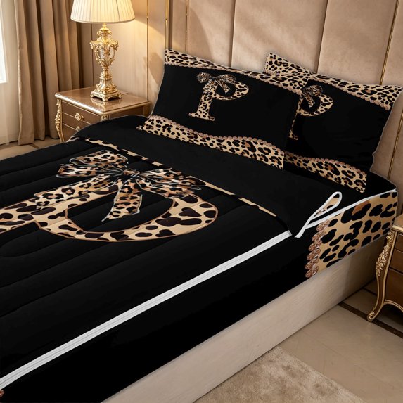 Erosebridal Leopard Print Letter P Zipper Queen Comforter Set with Fitted Sheet and 2 Pillowcases for Women Girls, Brown Crystal Bowknot Zipper Bedding Set, Black Reversible, 4 Pieces