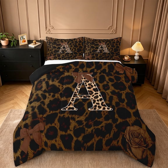 Erosebridal Leopard Print Queen Comforter Set,Cheetah Pattern A Alphabet Bedding Comforter Set For Kids Girls,Black Reversible,3pcs