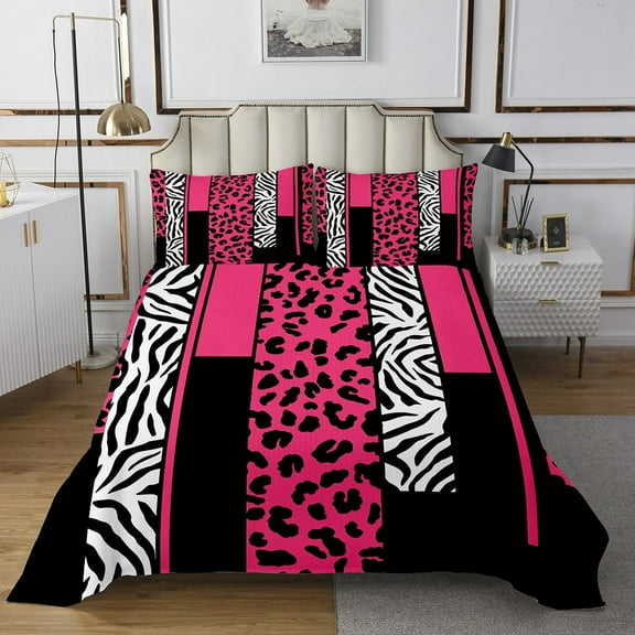 Erosebridal Leopard Print Quilt Sets for King Size Bed, Black Pink Bed Set, Geometry Stripe Decor, Women