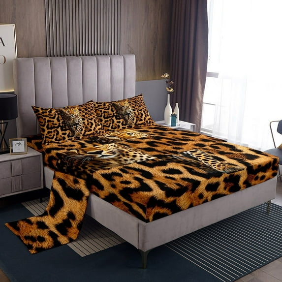 Erosebridal Leopard Print Sheet Set Wild Animal Skin Bed Sheets Set Brown Black Tie Dye Cheetah Sheets, South American Animals Bed Set King 4 Piece - 1 Fitted Sheet 1 Top Sheet 2 Pillowcases