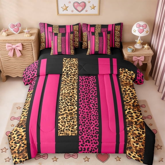 Erosebridal Leopard Print Stripes 7 Pieces Bedding Comforter Set,Chic Wild Animal Texture Full Bedding Set For Women Adults,Reversible Black