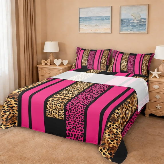 Erosebridal Leopard Print Stripes Bed Sheets,Chic Wild Animal Texture King Sheets For Women Adults 4-Piece
