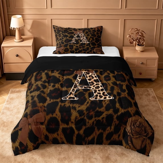 Erosebridal Leopard Print Twin Comforter Sets,Cheetah Pattern A Alphabet Bedding Set For Kids Girls,Black Reversible,2-Piece