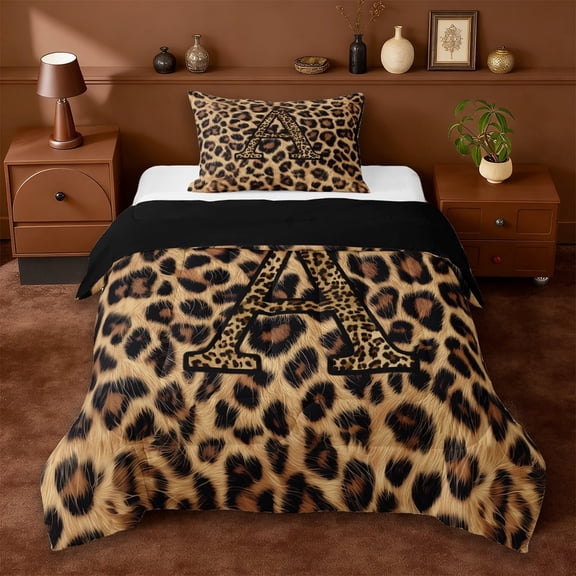 Erosebridal Leopard Print Twin Comforter Sets,Cheetah Pattern A Alphabet Bedding Set For Kids Girls,Reversible Black 2pcs