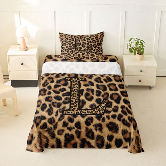 Erosebridal Leopard Print Twin Sheet Sets,Cheetah Pattern L Alphabet Bedding For Kids Girls 3 Pieces