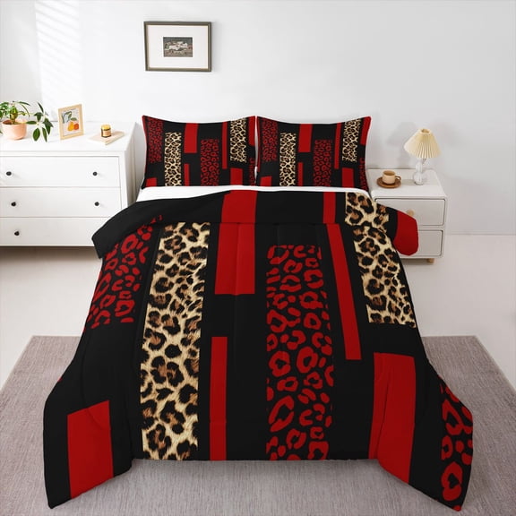 Erosebridal Leopard Printed Kid Queen Comforter Set, Black Red Cheetah Print Bedding Comforter Set, 3 Pieces
