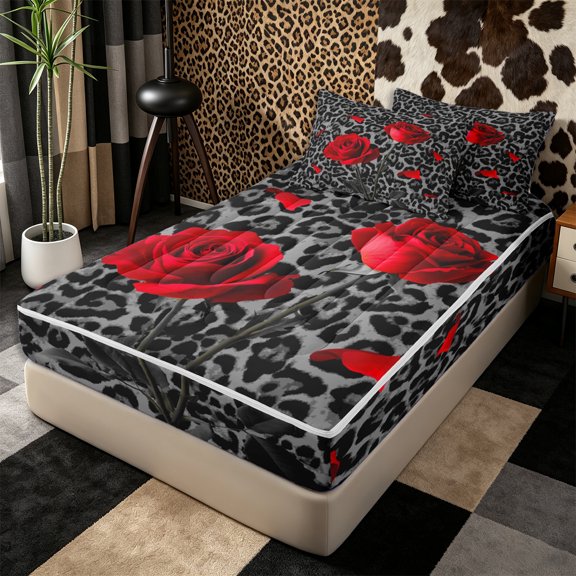 Erosebridal Leopard Red Rose Print Zipper Twin Comforter Sets with Fitted Sheet and 2 Pillowcases,Real Flower Spot Gray Dark Base Accent Zipper Bedding Set,Gray Red,4-Piece,Black Reversible