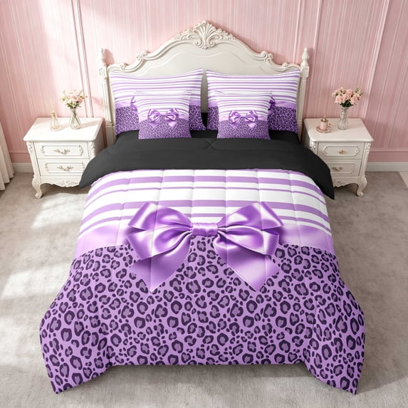 Erosebridal Leopard Satin Bow Ribbon Full Size Bedding Sets for Girls, Cheetah Animal Print Lace Full Size Bed in a Bag, Black Reversible 7pcs