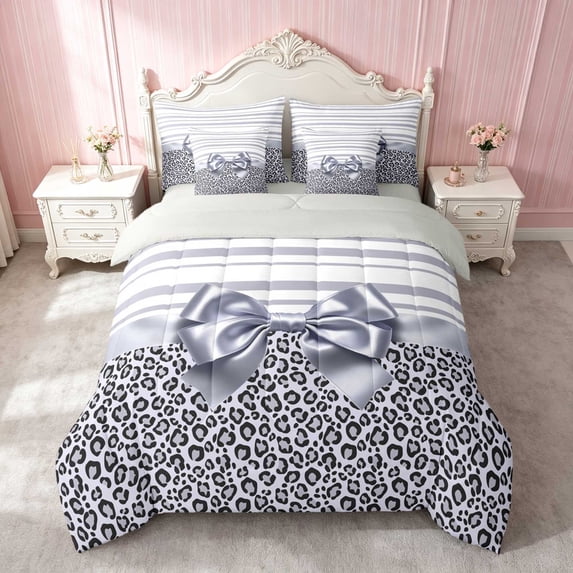 Erosebridal Leopard Satin Bow Ribbon King Bedding for Girls, Cheetah Animal Print Lace King Bed in a Bag, Gray Reversible 7pcs