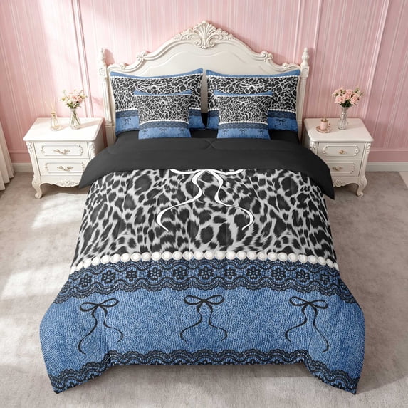 Erosebridal Leopard Satin Bow Ribbon Queen Bedding for Girls, Cheetah Animal Print Lace Bedding Comforter Set Queen, Black Reversible 7 Pieces