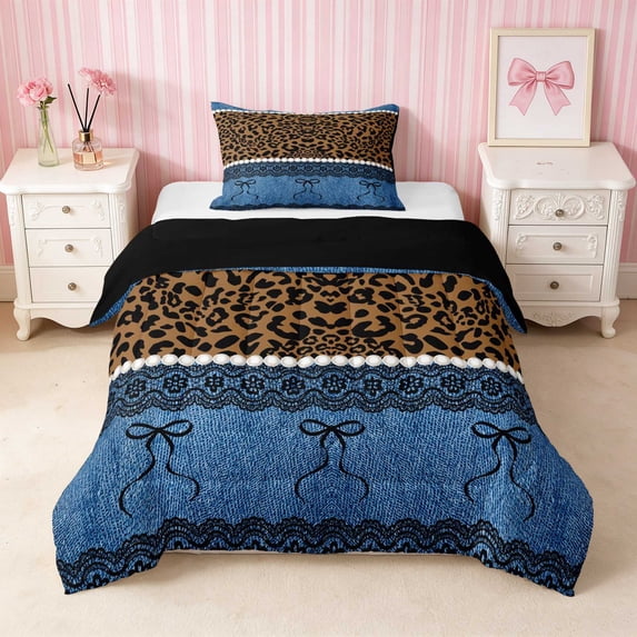 Erosebridal Leopard Satin Bow Ribbon Twin Comforter Sets for Girls, Cheetah Animal Print Lace Bedding Set, Black Reversible 2-Piece 1 Comforter and 1 Pillowcase