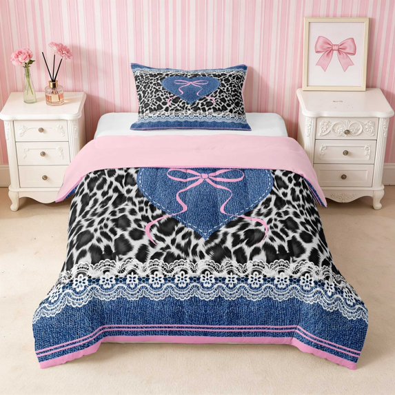 Erosebridal Leopard Satin Bow Ribbon Twin Comforter Sets for Girls, Cheetah Animal Print Lace Bedding Set, Pink Reversible 2 Pieces 1 Comforter and 1 Pillowcase
