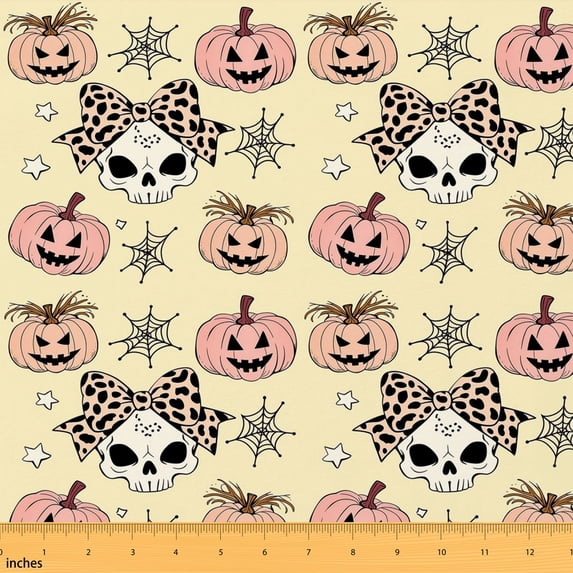 Erosebridal Leopard Skull Fabric by the Yard 3 Yards, Pink Pumpkin Bow Spider Web Pattern Room Decor Fabric by the Yard