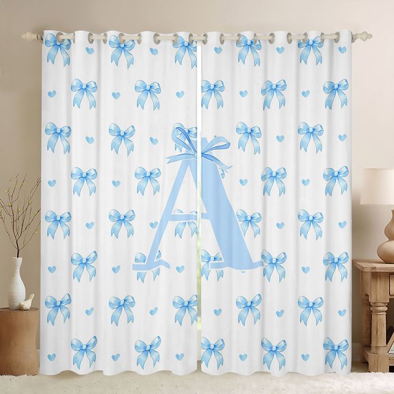 Erosebridal Letter A Bow Heart Blackout Curtains Set of 2 (52x84 Each) for Boys Girls, Blue Princess Style Window Curtains