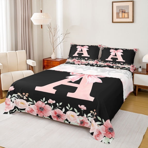 Erosebridal Letter A Full Size Sheets for Girl, Cherry Blossoms Bed Sheets, Black Pink, 4 Pieces