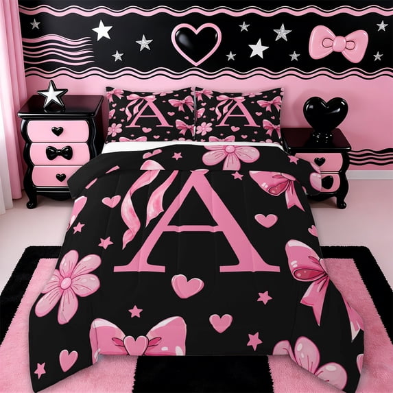 Erosebridal Letter A Monogrammed Full Size Comforter Sets,Pink Ribbon Bow Girls Bedding Sets For Kids,Reversible black,3 Pieces