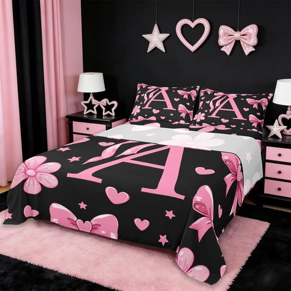 Erosebridal Letter A Monogrammed Queen Sheet Sets,Pink Ribbon Bow Girls Bed Set For Kids 4pcs
