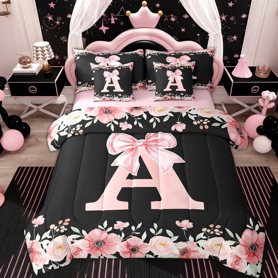 Erosebridal Letter A Twin Bedding Sets 7-Piece for Girl, Cherry Blossoms Bedding Comforter Set, Black Pink