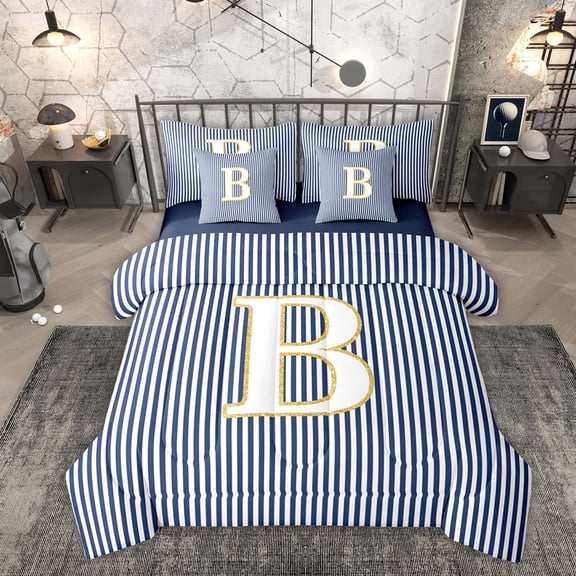 Erosebridal Letter B Kids Twin Bedding Sets 7-Piece, Modern Abstract Bedding Comforter Set, Blue Reversible