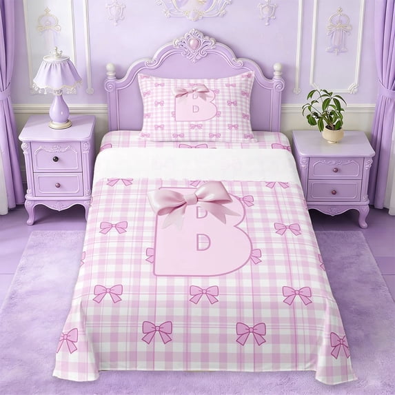 Erosebridal Letter B Monogram Twin Sheet Sets,Pink Princess Bow Bedding For Kids Girls 3-Piece