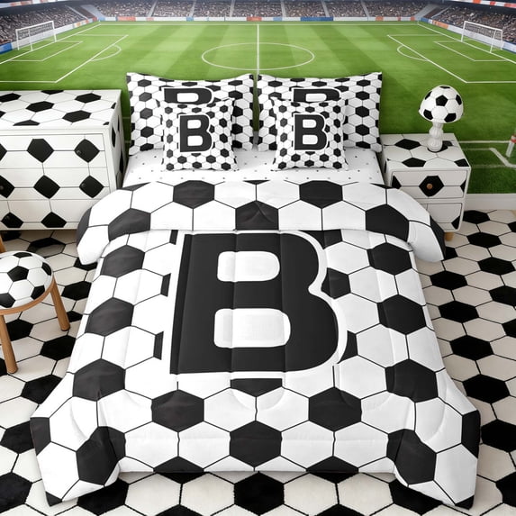 Erosebridal Letter B Soccer Ball Pattern Print Bedding Comforter Set, Sports Monogram Full Bedding Set for Kids Boys and Girls, Reversible 7 Pieces