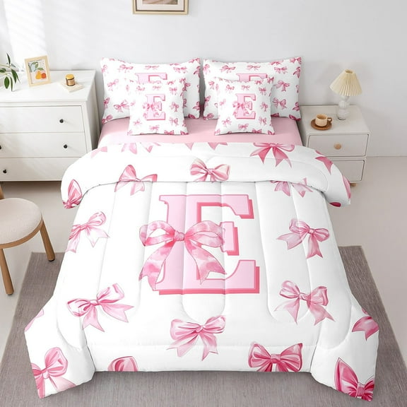 Erosebridal Letter Bed in a Bag Full size For Teens,Pink Bowknot Bed Set,Princess Room Decorative,Reversible,7pcs