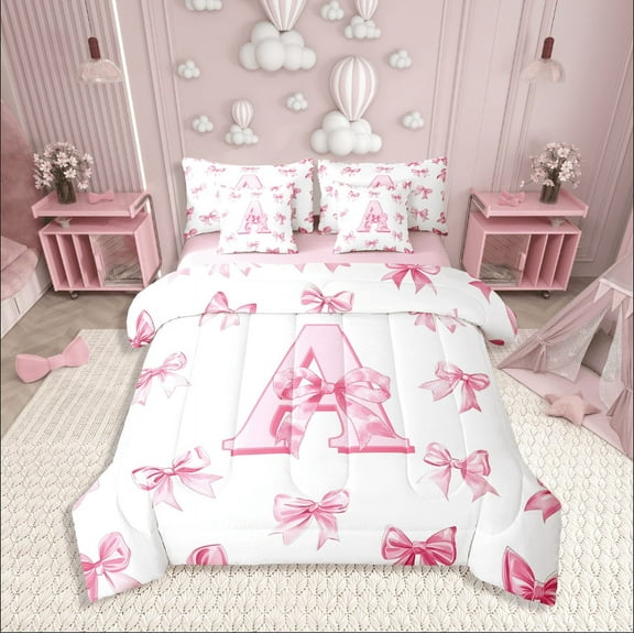 Erosebridal Letter Bed in a Bag Full size For Teens,Pink Bowknot Bed Set,Princess Room Decorative,Reversible,7pcs